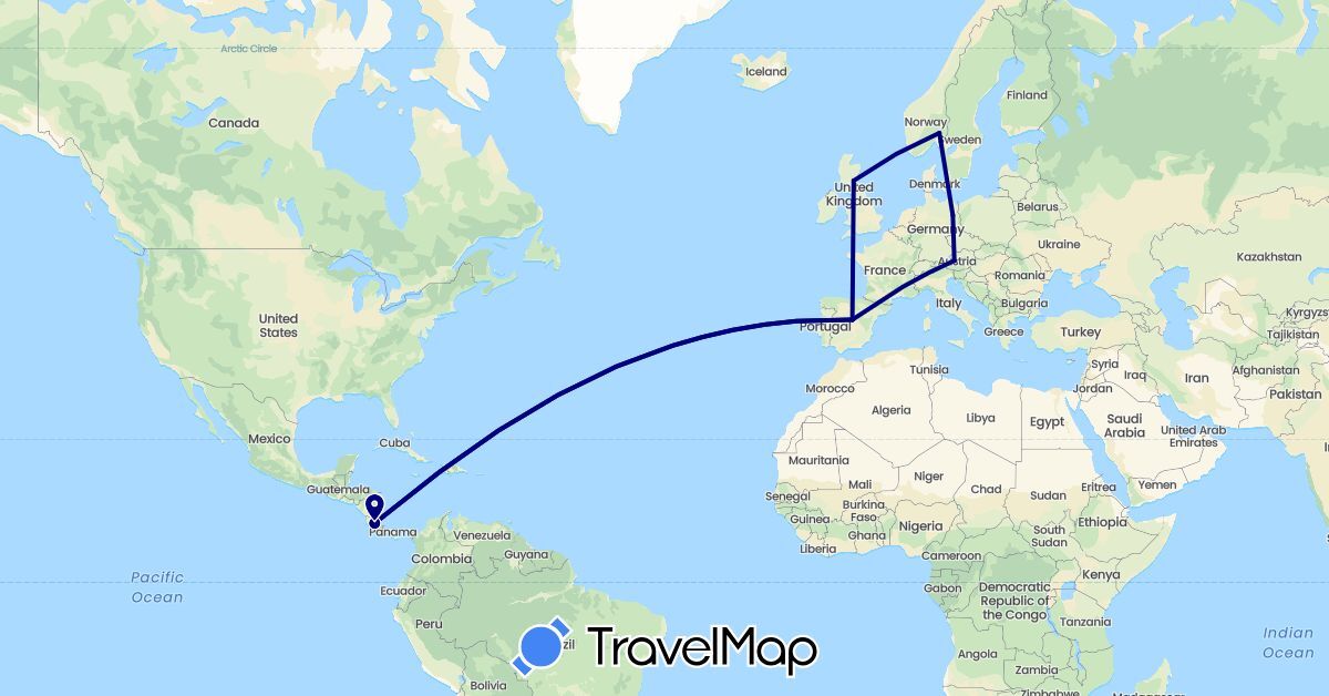 TravelMap itinerary: driving in Austria, Costa Rica, Germany, Spain, United Kingdom, Norway (Europe, North America)